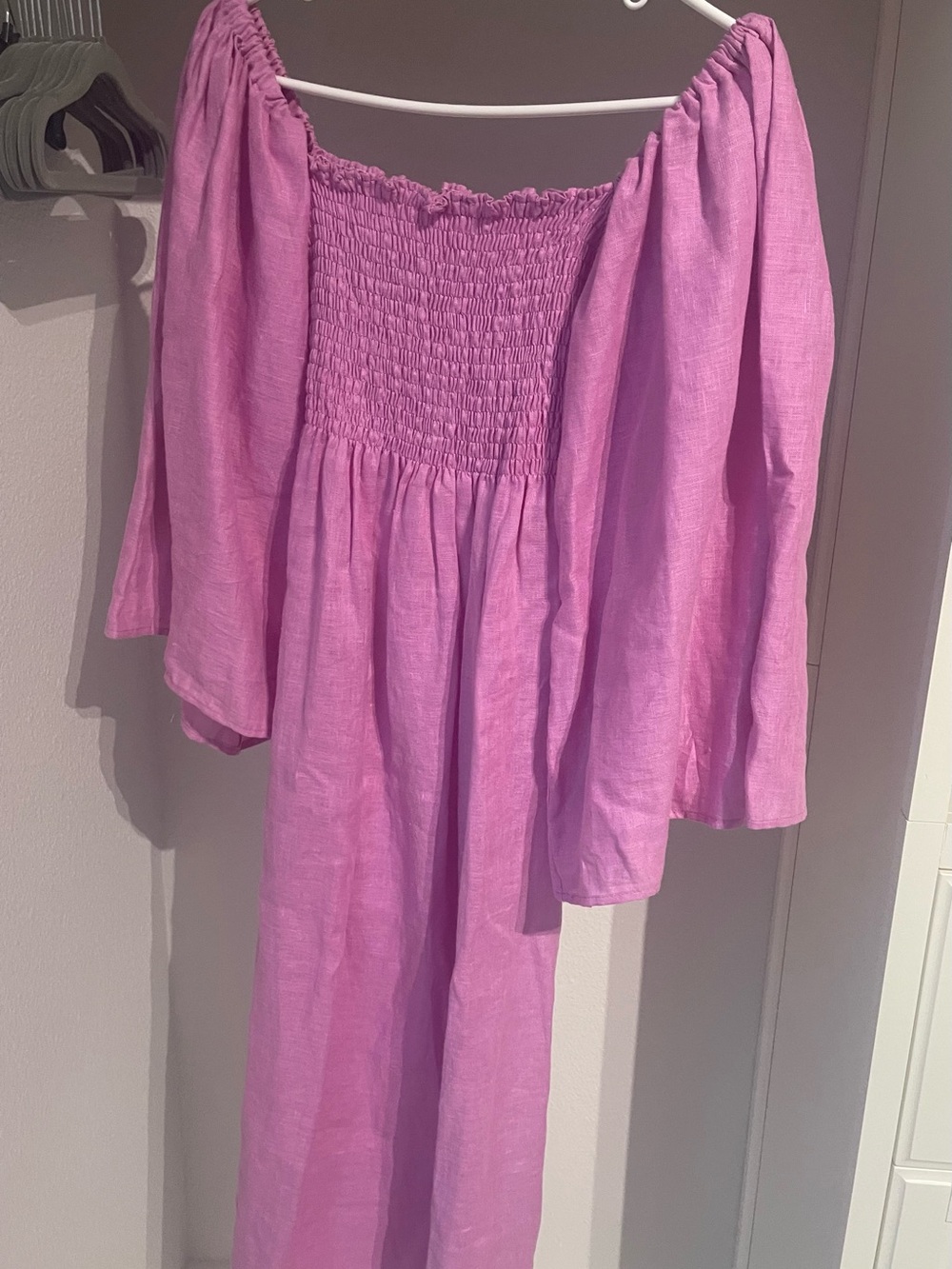 Sleeper Atlanta Smocked Midi Dress Pink Lilac 100% Linen Dress - Picture 3 of 5